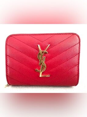 SAINT LAURENT YSL Paris Red Caviar Chevron Compact Bifold Zip Wallet